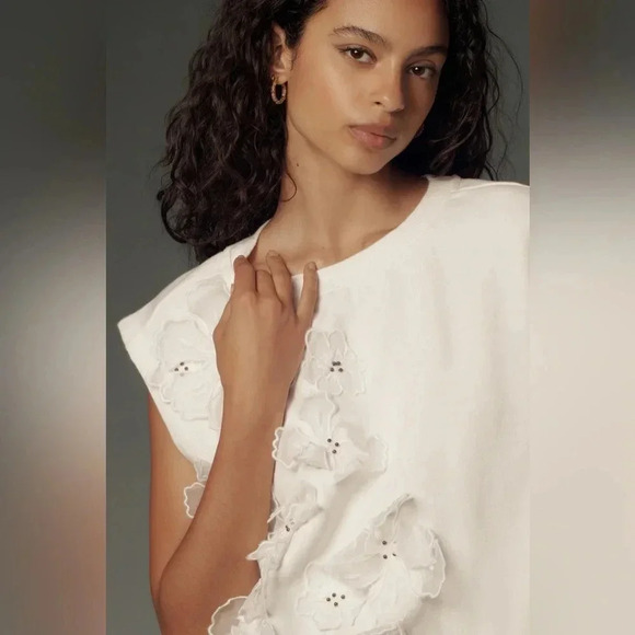 NWT new Anthropologie floral appliqué knit top XS white ivory sleeveless tank - Picture 6 of 17